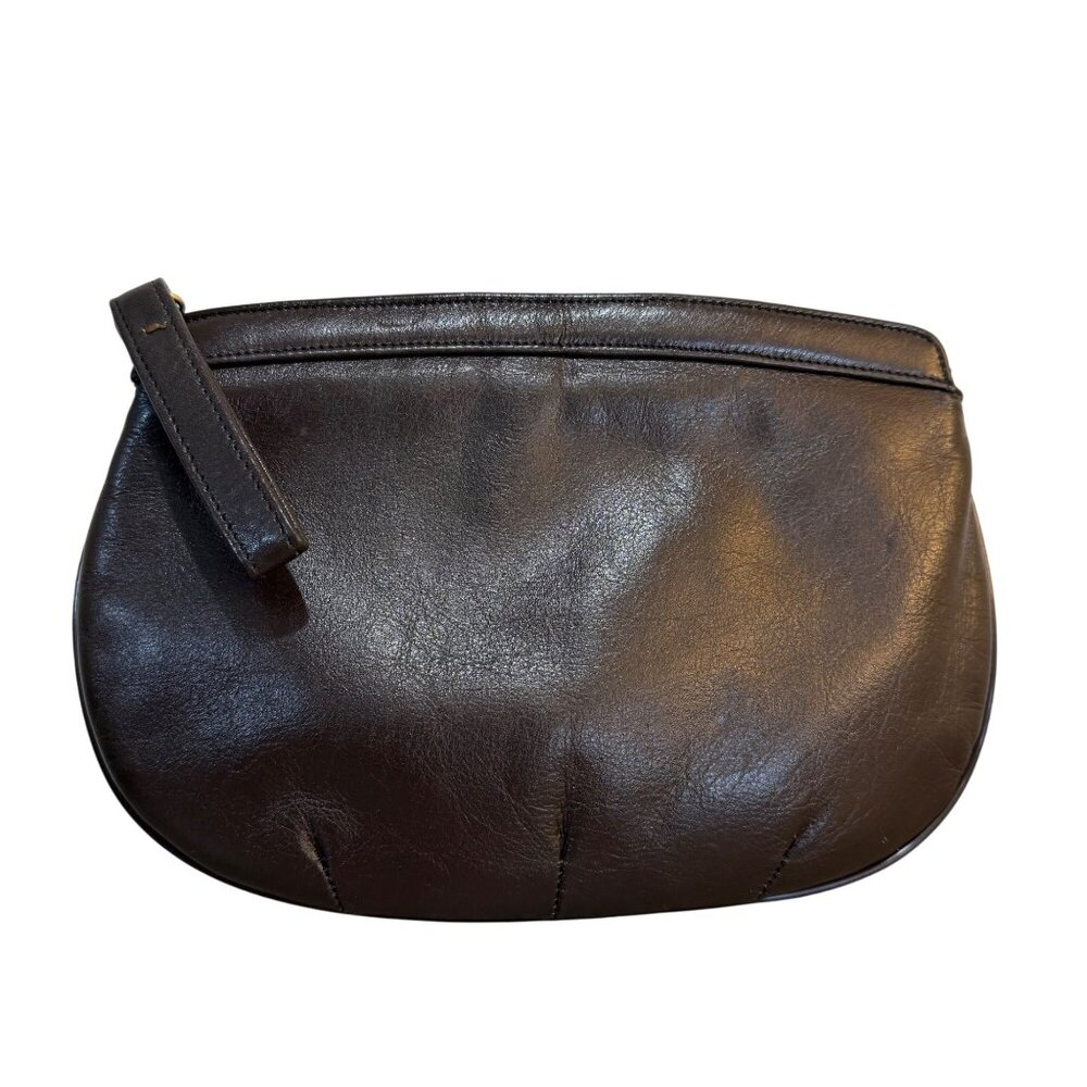 Paristyle Brown Leather Clutch Finger Wristlet Bag VTG 60s Satin Lined Zip Purse
